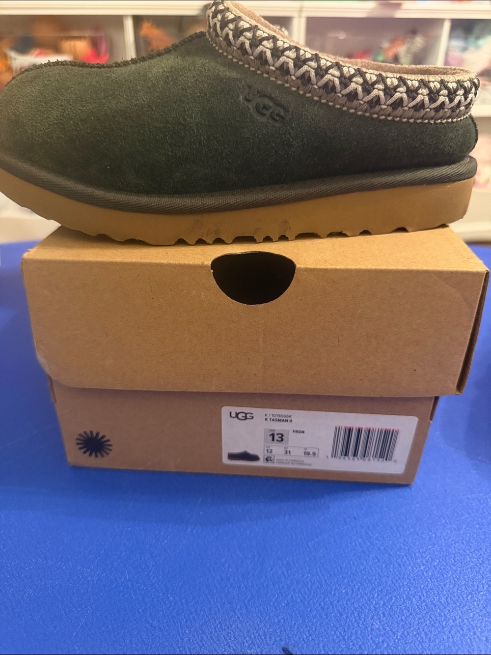 UGG kids Slip-On Suede Loafer in Olive Green with Tan Sole